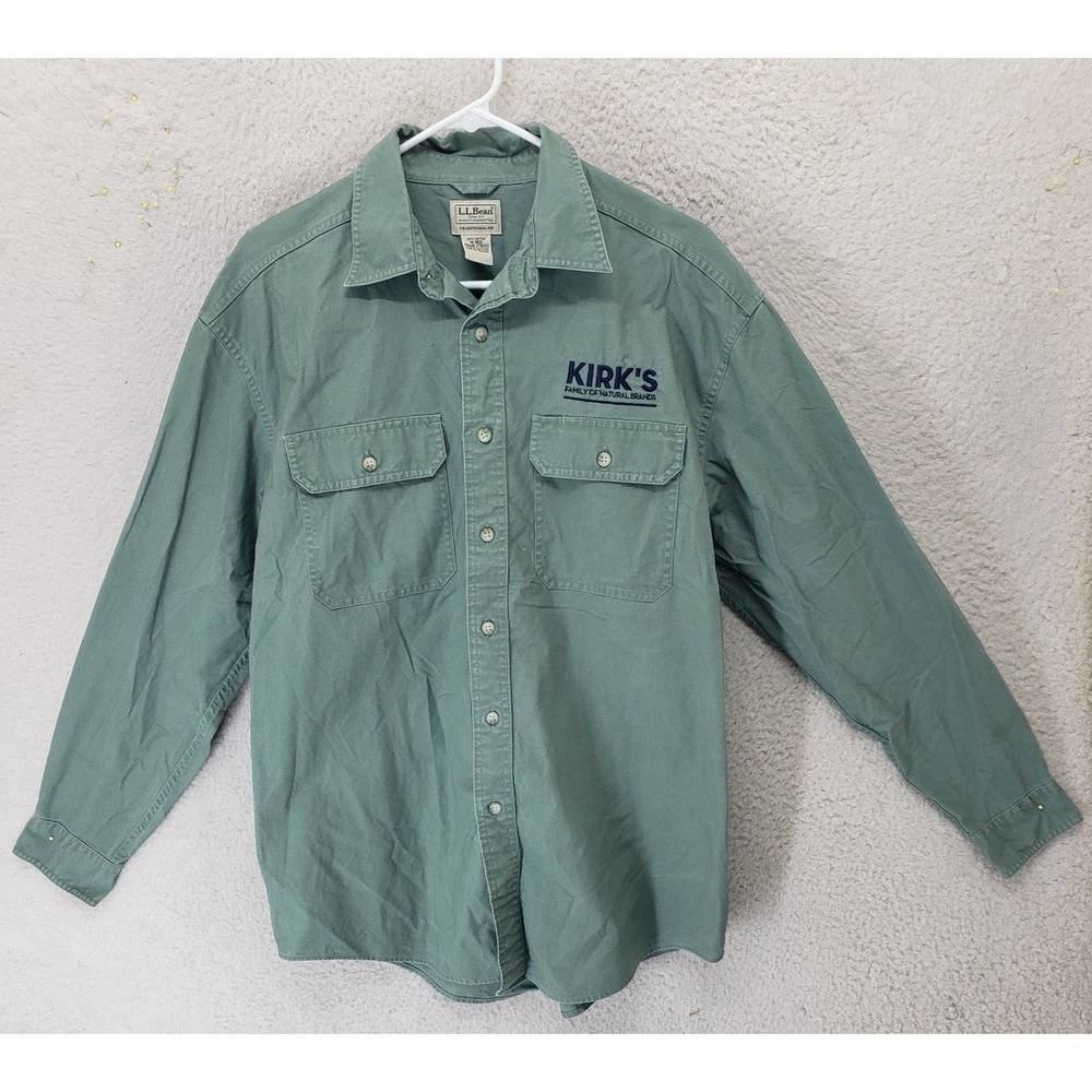 LL Bean Shirt Mens Medium Green Button Down Kirk's Family Brands Workwear Cotton